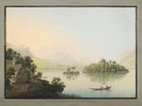 une vieille peinture représentant un bateau sur une rivière, avec un château en arrière-plan