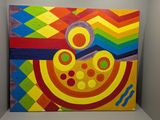 peinture abstraite aux couleurs vives représentant un bol de fruits posé sur une table
