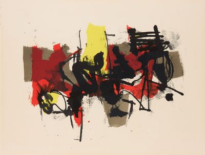 une image représentant un tableau réalisé avec de la peinture rouge, jaune et noire