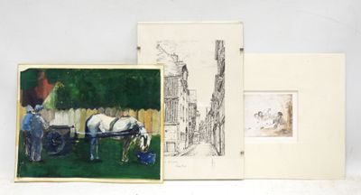 two paintings of horses and a carriage in a field