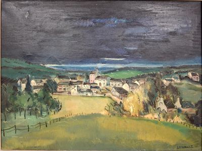 peinture d'une vue d'un village avec une église au loin