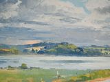 a painting of a view of a body of water