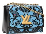 blue and black hand painted louis vu bag with gold hardware