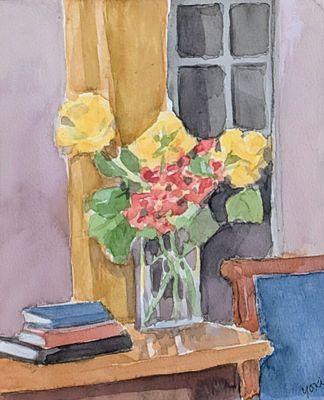 une aquarelle représentant un vase de fleurs posé sur une table