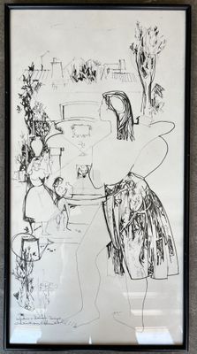 framed drawing of a woman in a hat and a man sitting at a table
