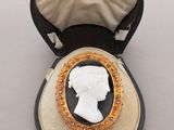 an image of a black and white cameo broochle in a case