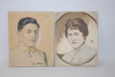 painting of two portraits of a man and a woman in uniform