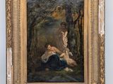 an oil painting of a woman and a child in a wooded setting