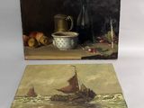 deux tableaux représentant un bateau et un vase posé sur une table