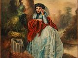 une peinture à l'huile représentant une femme en robe bleue assise sous un arbre