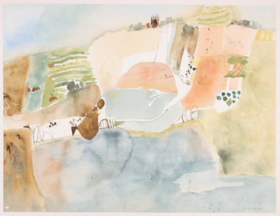 une image représentant une aquarelle d'un chien assis au sommet d'une colline