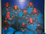 a painting on the wall of a room with a painting of a group of people