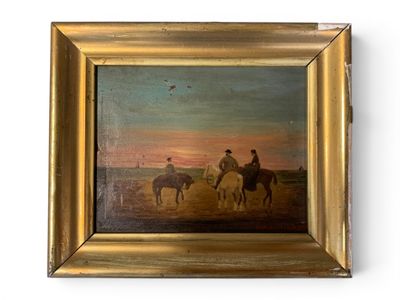 tableau représentant deux hommes à cheval dans un champ, avec un coucher de soleil en arrière-plan