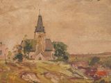 painting of a church on a hill with a bird flying over it