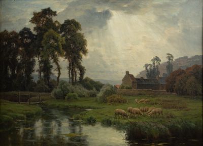 painting of a farm scene with sheep grazing in a river