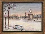 un tableau représentant un banc de parc sous la neige