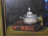 a painting of a pot sitting on a book next to a blue vase