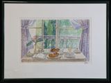 une photo d'un tableau représentant une table sur laquelle se trouvent une tasse de café et des viennoiseries