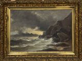 a painting of a stormy sea scene with a ship in the distance