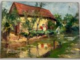 an oil painting of a house by a river with a person standing in front of it