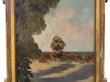 a painting of a landscape with trees and a road