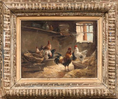 an oil painting of chickens in a barn by a window