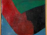 une peinture représentant un oiseau rouge, noir et vert sur fond bleu