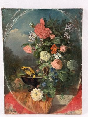 une peinture de fleurs dans un vase sur une table