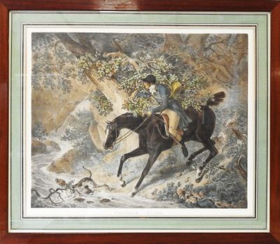painting of a man riding a horse in a wooded area
