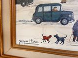 un tableau représentant un homme et deux chiens dans la neige