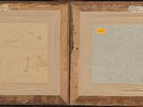 two framed paintings of a man and a woman sitting on a bench