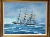 an oil painting of a sailing ship in the ocean