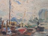 a painting of boats docked in a harbor with buildings in the background