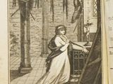 an old book with a picture of a woman in a white dress