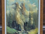 une peinture à l'huile représentant un paysage de montagne avec des pins au premier plan