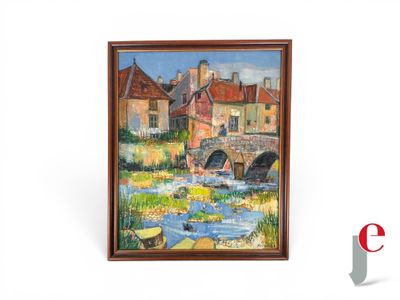 une peinture à l'huile représentant une scène de village avec une rivière et un pont