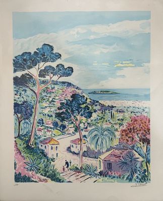a painting of a view of a village with trees and water