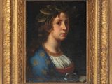 a painting of a woman in a blue dress with a wreath on her head
