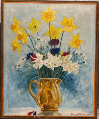 peinture représentant une peinture d'un vase contenant des jonquilles et d'autres fleurs