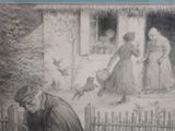 a drawing of a man and a woman in front of a house