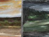 trois tableaux représentant des arbres de différentes couleurs et tailles dans un champ