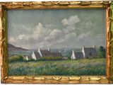 an oil painting of sailboats in a field with a cloudy sky