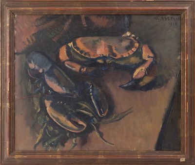 an oil painting of a crab and a crabfish on a table