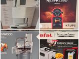 four different pictures of a coffee maker and a blender in a store