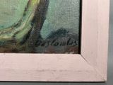 an oil painting of a bird perched on top of a tree