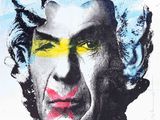 tableau représentant un homme aux cheveux bleus et aux lunettes jaunes sur fond blanc