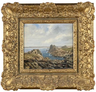 un tableau représentant une côte rocheuse avec un château au loin