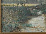 an oil painting of a stream running through a lush green field