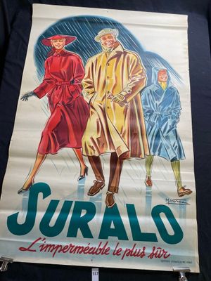 an old poster of two women in coats and a man in a hat