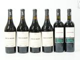 six bouteilles de vin sont alignées sur une surface blanche